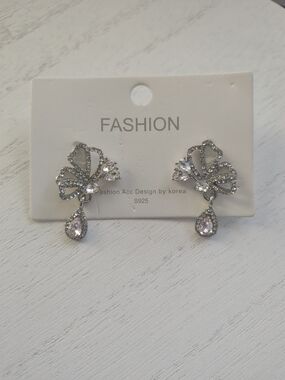 Silver Crystal Bow Drop Earrings